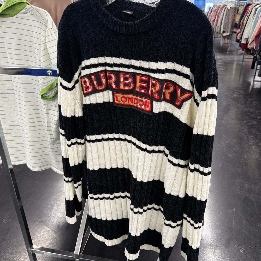 Vintage Burberry London Striped Spell-Out Ribbed Sweater, Black/White